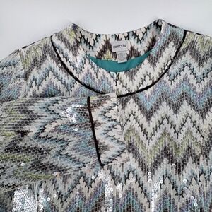 Chicos Sequin Chevron Zigzag Jacket Blue Green Metallic Hook Eye Size 3 XL